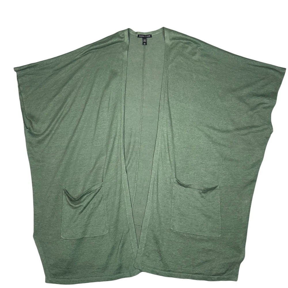 Eileen Fisher Cardigan Women S/M Green Linen Cotton Open Front Pocket Minimalist